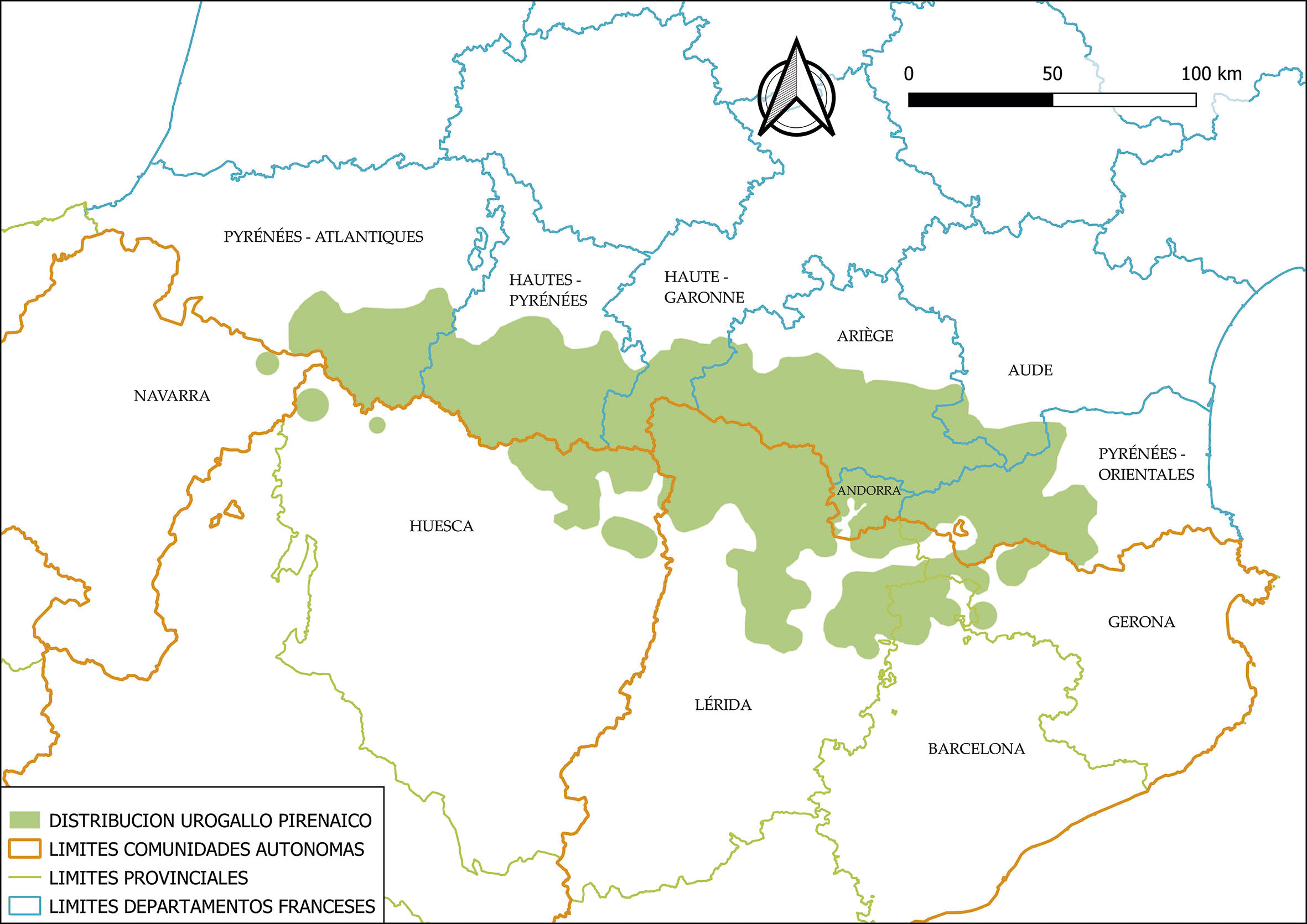Mapa distribución del urogallo pirenaico en España, Francia y Andorra
