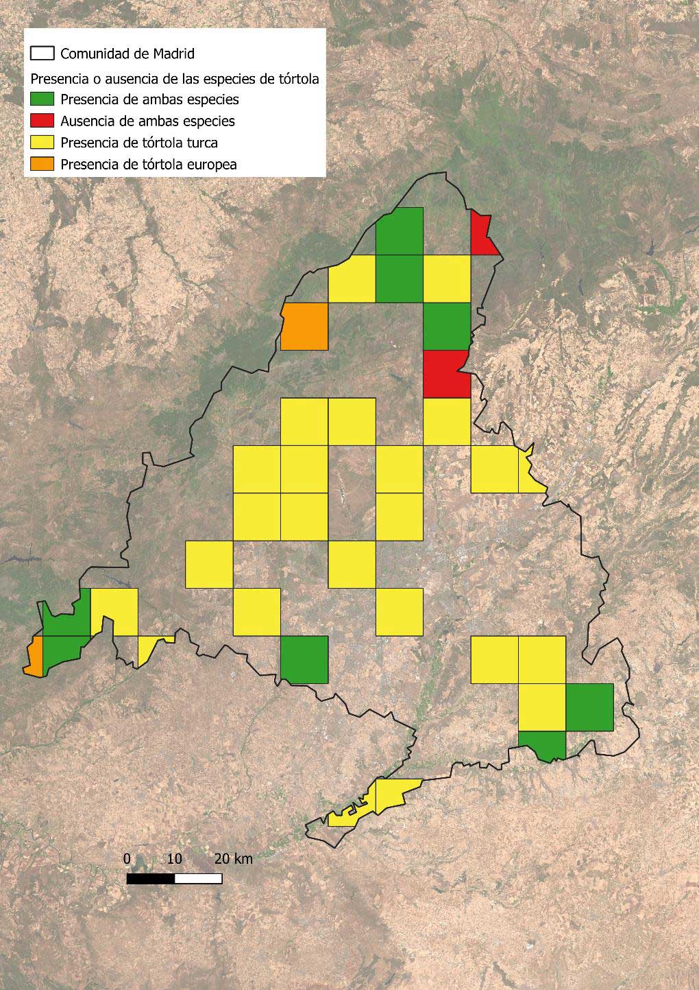 Mapa de presencia de tórtola europea y turca en la Comunidad de Madrid en función de las cuadrículas muestreadas